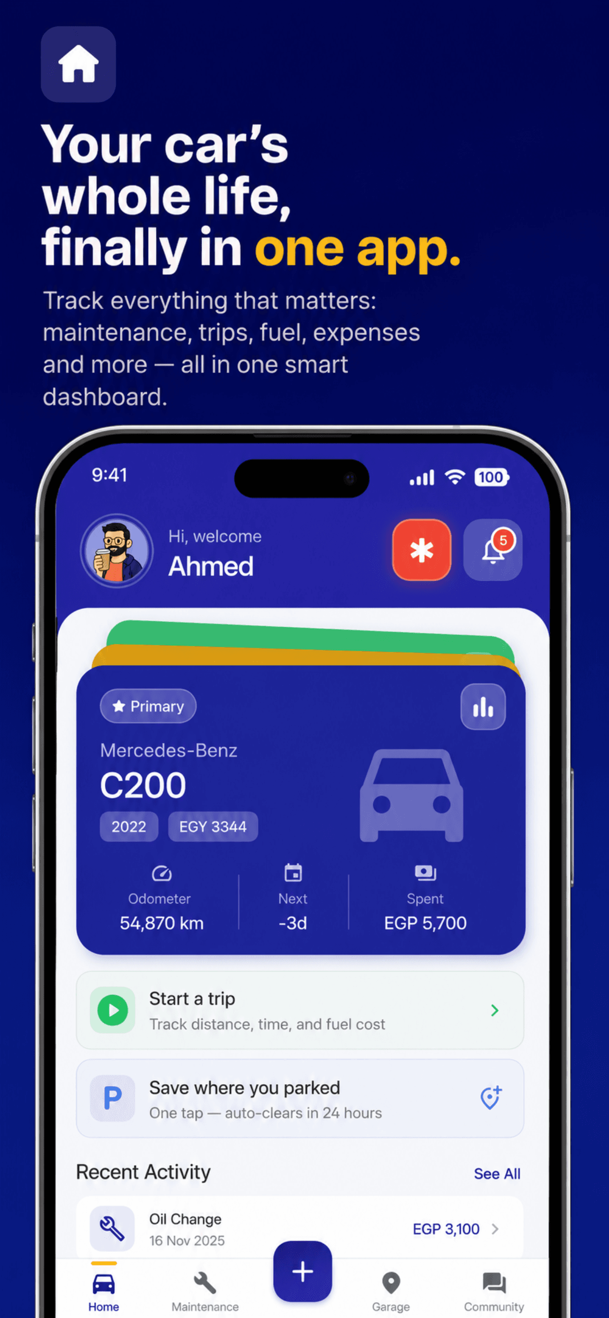 Autova home dashboard: vehicle card with maintenance and trip shortcuts.